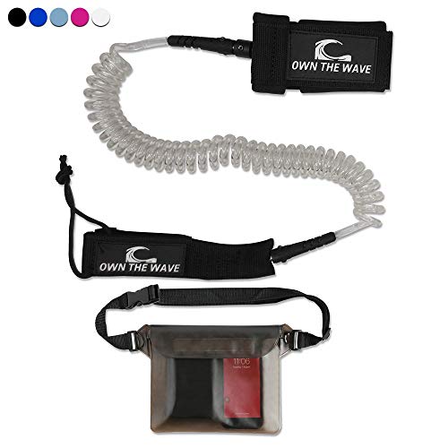 Own the Wave Surfboard Leash - 10' Premium Coiled SUP Leash 7.2mm Thick Leashes Stand Up Paddleboard, Choose with or Without Waterproof Wallet