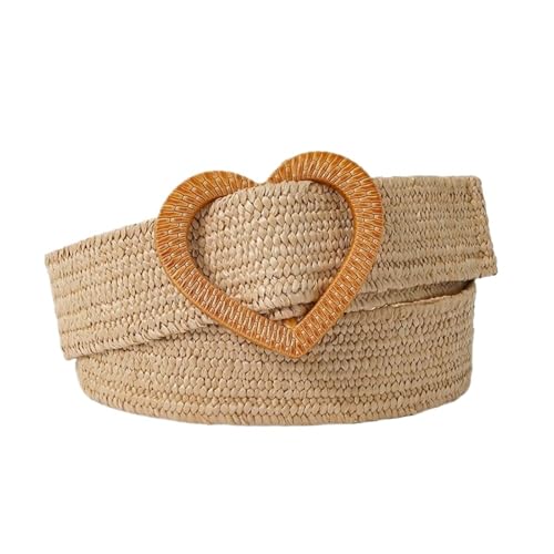 Straw Woven Waist Belt Summer Love Heart Buckle Waistband Dress Decoration 4cm Wide Braided for Dresses