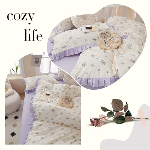 Image of Purple Floral Comforter Set Full Girls Princess Bedding Ruffle Comforter Set Vintage Flowers Cottagecore Comforter with 2 Pillowcases Botanical Floral Bedding Lightweight Bed Set for All Seasons
