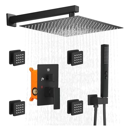 RUMOSE Rainfall Shower System with 4 Full Body Jet 4 Mode Shower Faucet Set with 12 Inch Rain Shower Head and 2 in 1 Handheld Spray, Matte Black Brass Shower Jet Shower Fixtures, Wall Mounted