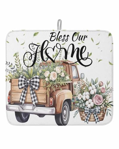 Truck Spring Floral Dish Drying Mat, Pink Green Flowers Watercolor Absorbent Dish Drying Matt Pad for Kitchen Countertops, Sinks, Dish Drainer Racks, Small 16x18in 1PC