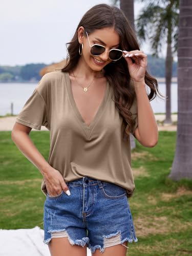 Image of UNCLECAT Womens Deep V Neck T Shirts Summer Oversized Short Sleeve Tops
