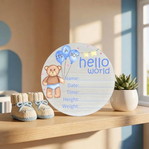 Image of Birth Announcement Sign Hello World Baby Name Wood Blue Bear Theme | Round Wood Plaque with Blue Bear Design, Custom Name Date Weight Length Great for Nursery Wall Baby Shower Gifts