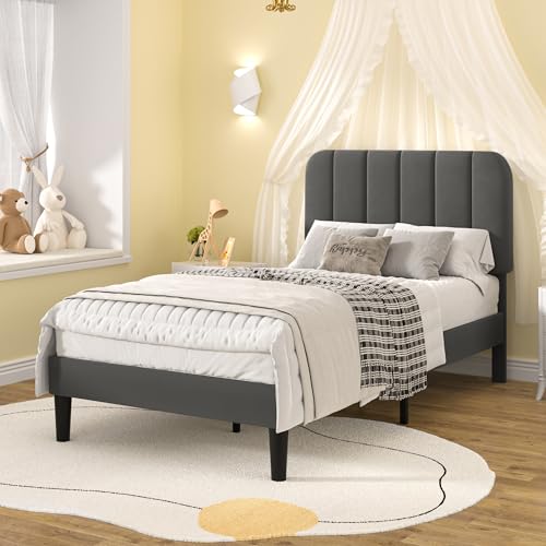 Image of VECELO Twin Size Bed Frame with Upholstered Headboard, Velvet Platform Bedframe Mattress Foundation, Strong Wood Slat Support, No Box Spring Needed,Grey