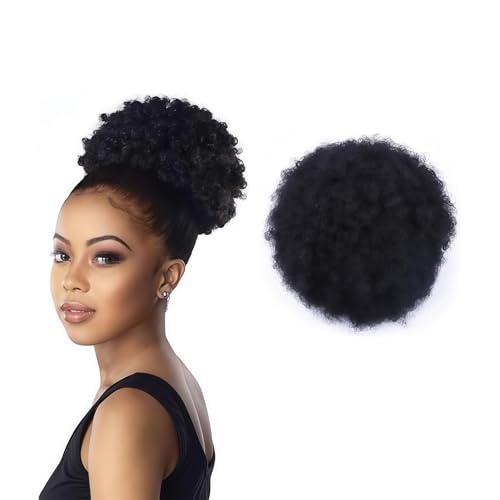 Afro Puff Cola de caballo sintética rizada natural con cordón (negro-1)