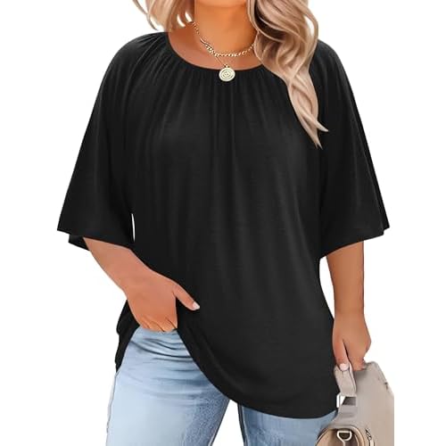 LOMON Womens Plus Size Tops Summer 3/4 Length Sleeve Crewneck Blouses Dressy Casual Loose Curvy Flowy Tunic Shirts 1X-5X