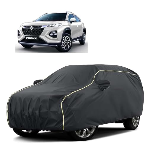 Image of Sulfar 100% Water Resistant Car Body Cover Compatible with Mirror for Maruti Suzuki Fronx (Triple Stitched, Full Bottom Elastic, Dark Grey Tafetta with Yellow Piping)