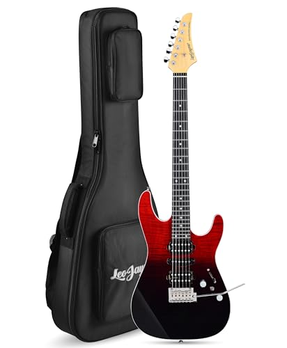 Leo Jaymz SW Electric Guitar Flame Maple Top Synthetic Ebony Fingerboard 304 Stainless Steel Frets 12-16 Compound Radius Alnico 5 Pickups Small Double Locking Tremolo (Black faded Red)