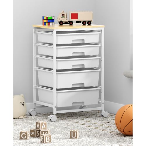 SYKIARIOL Carro de baño con 5 cajones, carro de cocina con ruedas con tablero de mesa de madera, para cocina, salón, dormitorio, oficina, blanco