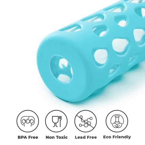 The Better Home Borosilicate Glass Water Bottle With Sleeve 550Ml | Non Slip Silicon Sleeve & Bamboo Lid | Water Bottles For Fridge (Pack Of 1), Light Blue