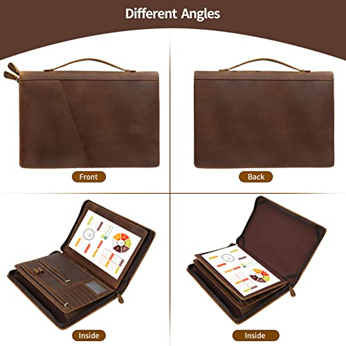 Ringsun Genuine Leather Portfolio Organizer for Men Women with Handle, Full Grain Leather Padfolio Folder with Zipper Business Resume Portfolio for 12.9" iPad, Brown, RS118