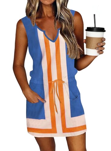 Image of SAUKOLE Womens Sleeveless T Shirt Dresses Casual Cute Floral Print Short Dress Summer Fashion Front Pockets