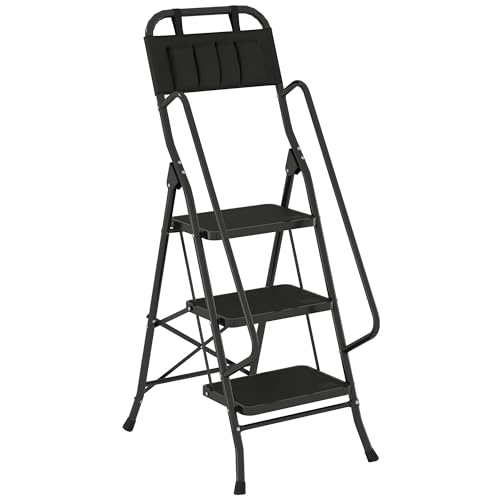 HOMCOM Escalera Plegable de 3 Peldaños con Bolsa de Herramientas, Escalera de Tijera, Carga 150 kg, con Peldaños Anchos Antideslizantes, Bloqueo de Seguridad, Apoyabrazos, Negro