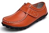 einfach zu tragen: damen leder beiläufige flache fahr faulenzer, mit runden kopf design, feine stiche; klett design, leicht anziehen oder aus als bummler oder slipper verwenden.
