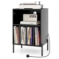 COSTWAY Record Player Stand with Charging Station, Turntable Stand End Side Table with 5 Shelves for 150 Albums, Metal Legs Vinyl Record Storage Cabinet Holder for Living Room Bedroom (Black)
