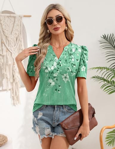 Image of Zeagoo Women Blouses Puff Short Sleeve Tops V Neck Dressy Casual Spring Shirts Boho Floral Cute Clothes 2026