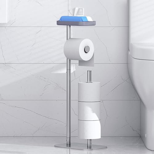 Kitsure Toilet Paper Holder Free Standing Rustproof Metal Toilet Paper Stand for 4 Rolls with Anti-Slip Base and Shelf for Phone & Small Items Bathroom Organizers and Storage Medium Silver