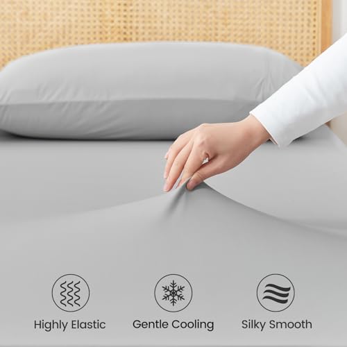 Cozy Bliss Premium Cooling Sheet Set King Size, Q-Max>0.4, 3PCS No Flat Sheet with 2 Pillowcases, Breathable Fitted Sheet for Hot Sleepers & Night Sweats, Deep Pocket Up to 18 Inches, Light Grey