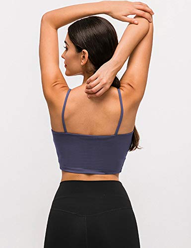 Longline Sports Bra Workout Crop Tank Tops for Women Strappy Padded Yoga Camisole High Impact Navy Blue - Thumbnail 3