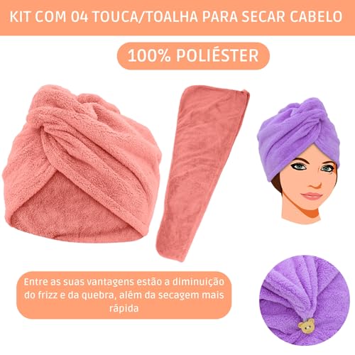 Kit 4 Toucas Toalhas Cabelo Touca Mágica Seca Rápido Antifrizz Toalha Turbante Super Absorvente