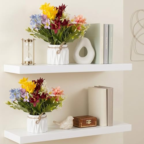 Image of Dekorly Artificial Lavender Plant in White Pot, 18cm - Realistic Faux Flower Arrangement for Home & Office Decor (Set of 1) (2, Multi Colour Lily Flower)