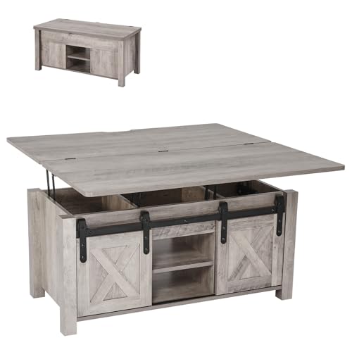 Image of VEVOR 39.4 in Farmhouse Lift Top Coffee Table, Rustic Center Table with Barn Door and Hidden Storage Compartment, Modern Rectangle Lifting Tabletop for Living Room, Office, Home, Easy Assembly, Oak