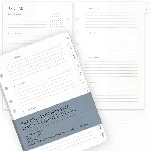 Beautiful 2026-2027 Daily Planner A5 Inserts for 6 Ring Binders - Durable Paper Refill Set 5.5 x 8.3 - Refills for Notebook Incl. Tabs & Monthly Calendar Spreads - From July 2026 - December 2027