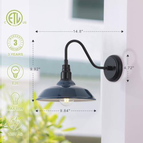 Image of 10 Inch Dome Gooseneck Lights Outdoor, Indigo Blue Exterior Barn Light for House, Outdoor Farmhouse Lights Fixture, Outside Wall Sconce Lighting for Porch, Garage, Front Door