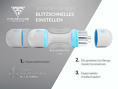 Foto von PRIMECORE SPORTS Kurzhanteln 2er Set - Hanteln Set verstellbar 1-5 kg - inkl. 36 Gewichte - kompaktes Hantel Set mit Übungen - Fitness Hantelset