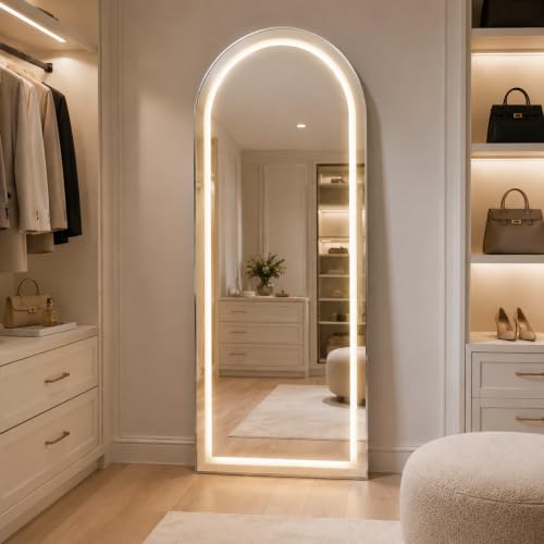 GKMZCGT Full Length Mirror with LED Lights 65"x24"Arched Full Body Mirror with Stand Aluminum Alloy Frame, Floor Mirror with Dimming & 3 Color Lighting for Bedroom Dressing Room Tempered Glass Silver