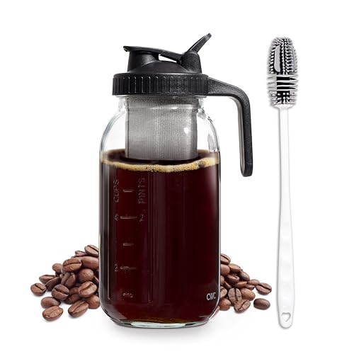 COOK WITH COLOR Cold Brew Coffee Maker - 64oz Mason Jar Pitcher with Stainless Steel Filter, Airtight Glass Jar, Pour Spout Lid & Handle, Ideal for Iced Coffee & Tea, Includes Brush, Black
