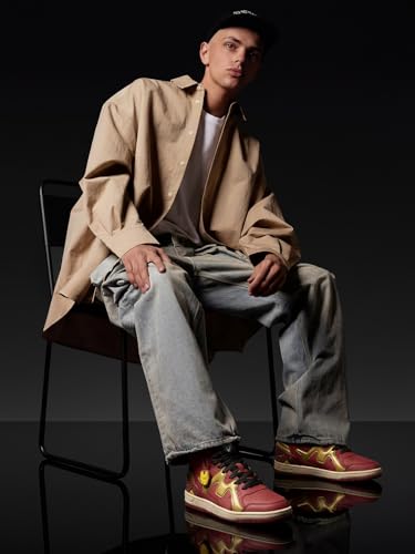 Image of The Souled Store Iron Man: Arc Reactor Men and Boys High Top Sneakers Maroon and Gold Streetwear Smooth Synthetic Cushioned Midsole Red Rubber Sole Lace Up Closure Padded Ankle Collar