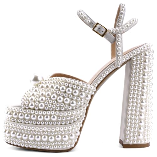 White Pearl Platform Heels For Women Chunky Heeled Sandals Square Peeped Toe Ankle Strap High Heels Slingback Dress Evening Bride Bridal Shoes3