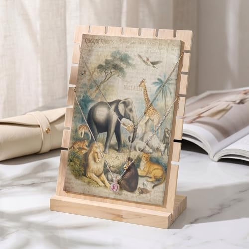 Goujuumlncy Necklace Display Stand Vintage Jungle Animals Detachable Necklace Holder Jewelry Display Storage, Elephants Giraffes Lions Wooden Jewelry Organizer for Selling 7x3x9in
