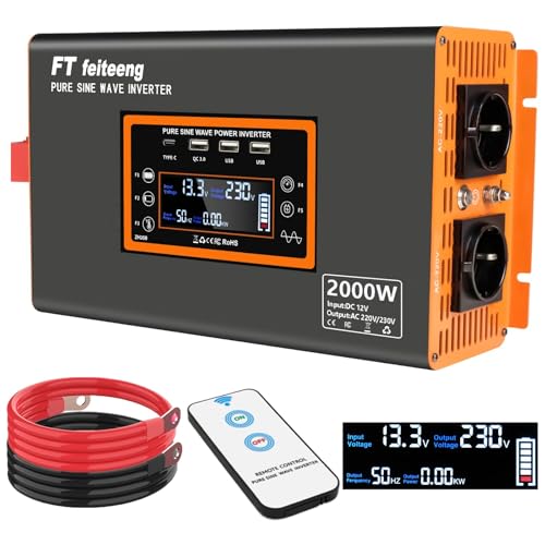 2000W/4000W Wechselrichter 12V auf 230V Reiner Sinus Spannungswandler Inverter Konverter mit 2 EU Steckdose, 30W USB-C, 5V 3.5A USB,LCD-Fernbedienung,für RV Wohnwagen, LKW,Solarenergie