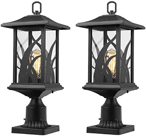 Beionxii Outdoor Post Lights, 21" H Large Exterior Lamp Post Light Fixture Pier Mount Lantern with Base, Black Cast Aluminum w/Clear Glass - A331P-2PK