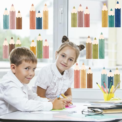 Image of Whaline 9 Sheets Boho Pencil Window Clings Back to School Watercolor Pencil Window Stickers Double-Sided Reusable Glass Decals for First Day of School Classroom Party Decoration