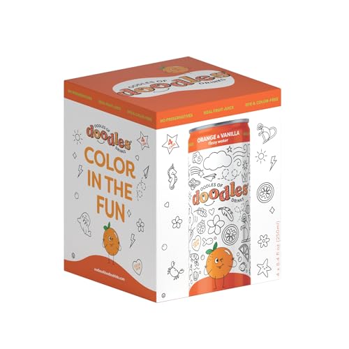 Oodles of Doodles Drinks - Orange Vanilla Flavored Sparkling Water, 8.4 fl oz Colorable Cans, Pack of 24 (6x4pk) | Just 1.2g Sugar | Real Fruit Juice | No Artificial Sweeteners | No Preservatives | Made for Kids (Orange Vanilla)