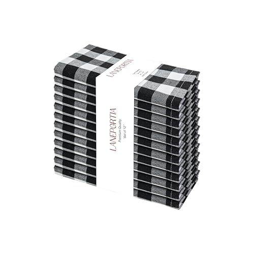 LANEPORTIA Cloth Napkins Set of 12, 100% Cotton Dinner Napkins 18x18 Inch, Soft Absorbent Gingham Check Napkin for Restaurant, Table Décor, Reusable Washable for Everyday Use - Black/White