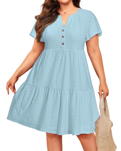 Image of Plus Size Summer Dress Casual Short Sleeve Button Midi Sun Dresses Women