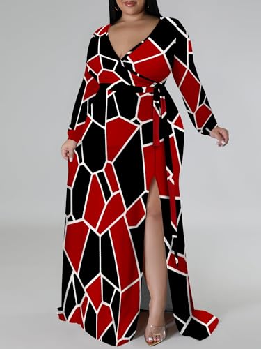Image of PinkPatty Women's Plus Size Long Sleeve Maxi Dress Casual V Neck Slit Tie Waist Wrap Dresses for Party Cocktail