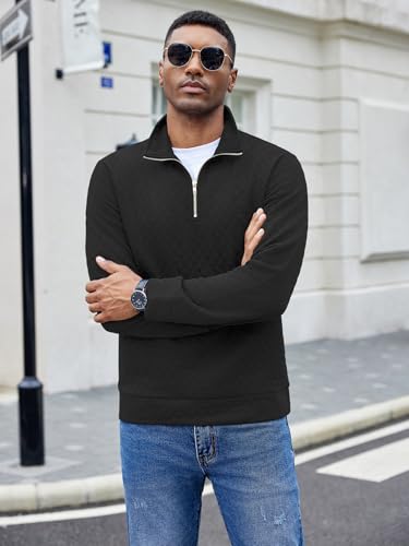 COOFANDY Men's Fashion Quarter Zip Pullover Long Sleeve Quilted Sweatshirt Plaid Jacquard Polo Mock Neck Sweaters2