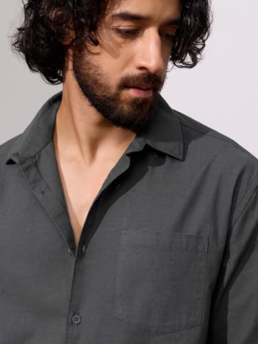 Image of The Souled Store Cotton Linen: Men and Boys Long Sleeve Spread Collar Solid Cotton Relaxed Fit Easy to Style Everyday Office Wear Cotton Linen Shirts