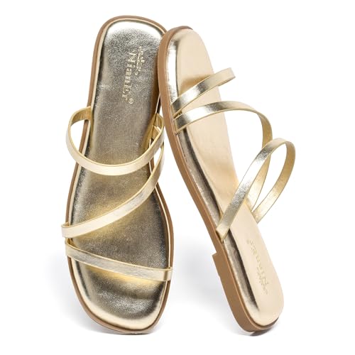 Image of NianEr Womens Microfiber Leather Memory Foam H Sandals Summer Shoes Slides | Flat, Comfortable, Slip On, Dressy, Dress, Beach, Vacation, Designer, Comfy, Casual, Bridal, Church, Boho, Office, Work