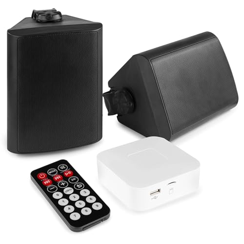 Power Dynamics - Pack de Sonido Exterior con Mini Amplificador Bluetooth BT20 con Reproductor MP3 USB/SD, 2 Altavoces BGO50 Negros Resistentes 120W, Cable de 10m, Ideal para terraza o Jardines