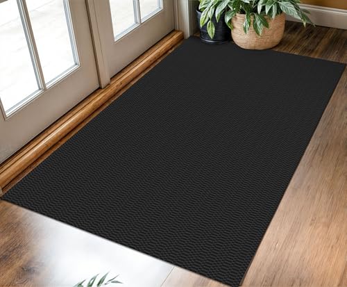 KOZYFLY Washable Entryway Rug 3x5 Ft Area Rugs Cotton Rubber Backed Throw Rugs Indoor Door Mat Kitchen Rugs Braided Floor Carpet for Front Entrance Bathroom Kitchen Living Room, Black/Grey