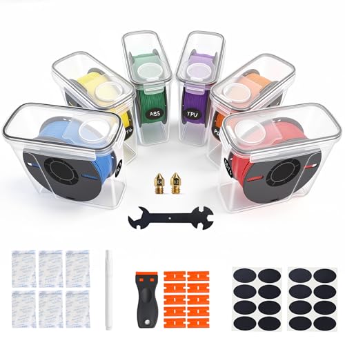 6 Pack 4L Filament Storage Box Hygrometer Airtight Dry Box for 3D Printer Filament Sealing Complete Kit: 11 Pcs Spatula/Blades 2 MK8 Nozzles Wrench Pen Stickers & Reusable Desiccant