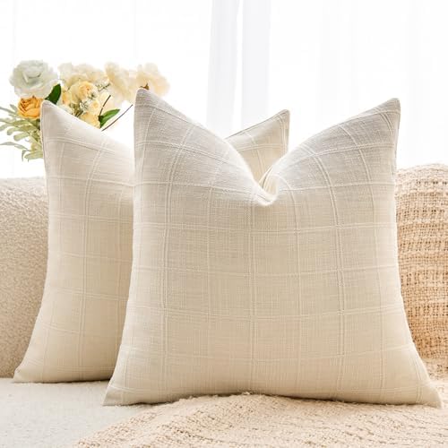 GriNeed Throw Pillow Covers Set of 2 18x18 Inch Linen Check Decorative Pillow Covers, Neutral Beige Soft Vintage Pillowcases for Couch Sofa Bed Living Room, Farmhouse Home Boho Decor
