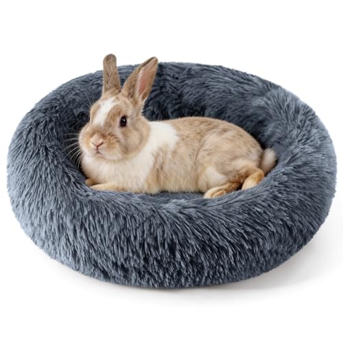 HeNdShe Rabbit Bed Long Plush Donut Shaped Washable Bunny Hideout Soft Pet Bedding Mat for Guinea Pig Kitten Chihuahua & Small Pets for Snuggling Resting - Gray