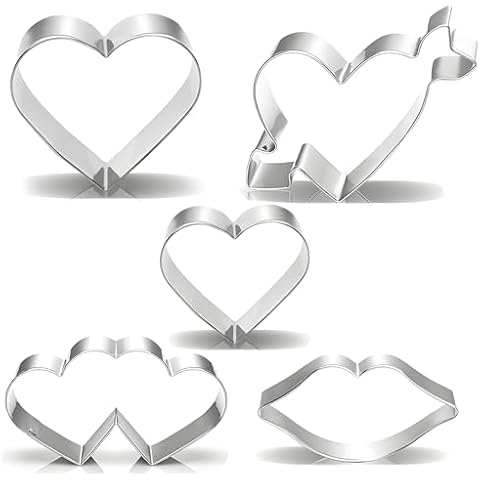 Valentine's Day Heart Cookie Cutter Set - 5 Piece Valentine Cookie Cutters - Heart, Lips, Heart with Arrow, Double Heart Cover